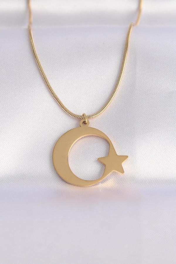 Celira Çelik Zincir Gold Renk Ay Yıldız Unisex Kolye - Image 1