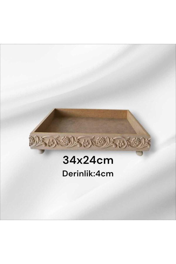 Sekay Ahşap Ahşap Boyanabilir Çiçek Desenli Ayaklı-Dekoratif Dikdörtgen Sunumluk Tepsi - Image 1