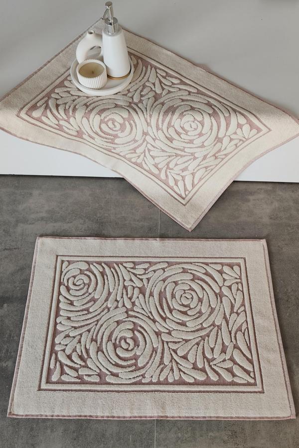 2'li Ayak Havlusu Seti - Zemini Renkli & Üç Boyutlu - %100 Pamuk - Yüksek Su Emici-Gül Kurusu - Image 1