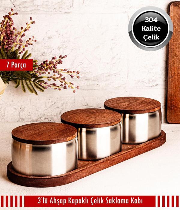 Ahşap Kapak Çelik Çerezlik 7 Parça Sızdırmaz Saklama Kabı 12cm - Image 1