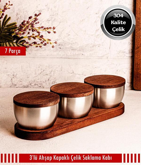 Bambu Kapak Çelik Çerezlik 7 Parça Sızdırmaz Saklama Kabı 9cm - Image 1