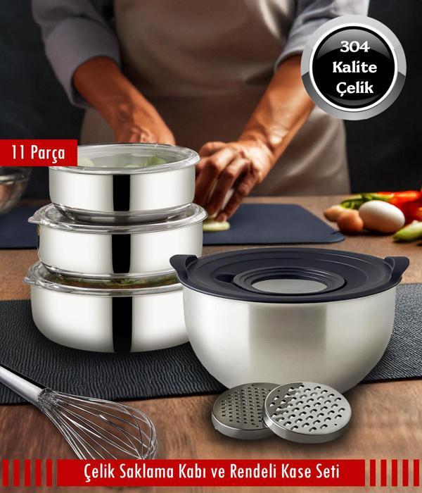 Çelik 3'lü Saklama Kabı ve 24cm Rendeli Saklama Kabı 11 Parça Set - Image 1