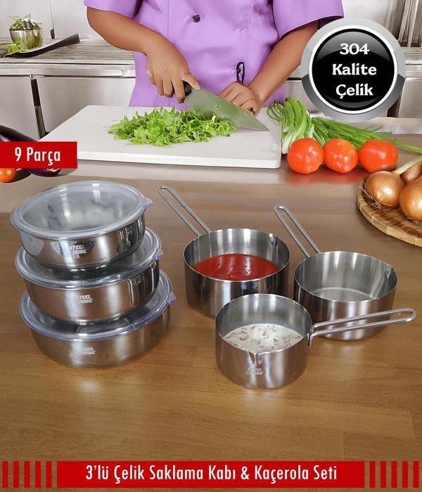 Çelik 3'lü Saklama Kabı ve 3'lü Kaçerola 9 Parça Set - Image 1