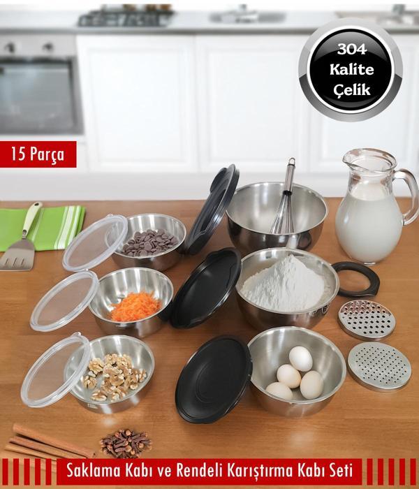 Çelik Rendeli Saklama Kabı (9Parça) ve 3'lü Saklama Kabı 15 Parça Set - Image 1