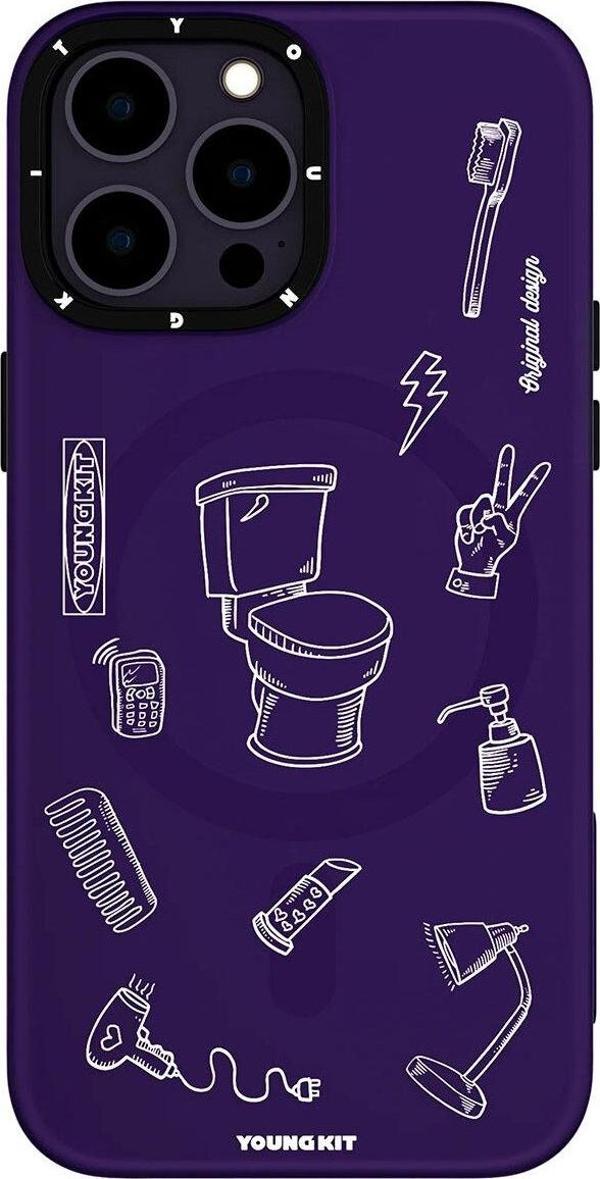 YoungKit iPhone 14 Pro Max Uyumlu Kılıf Magsafe Şarj Özellikli Desenli Plaything Serisi Kapak Mor - Image 1