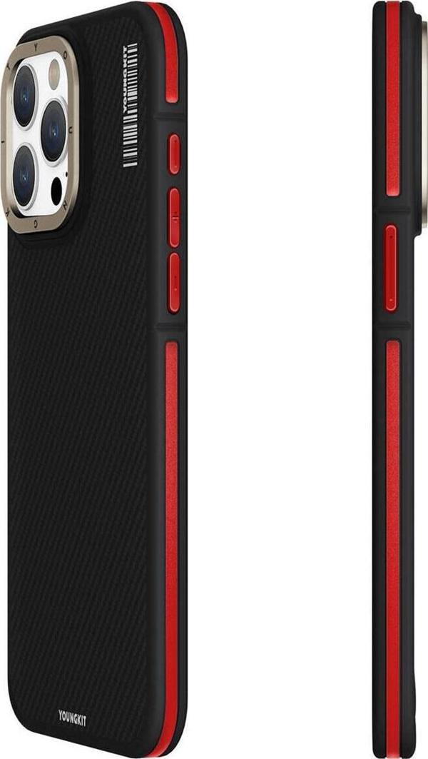 YoungKit iPhone 15 Pro Max Uyumlu Kılıf Magsafe Şarj Özellikli 600D Kevlar Kapak Kırmızı - Image 1