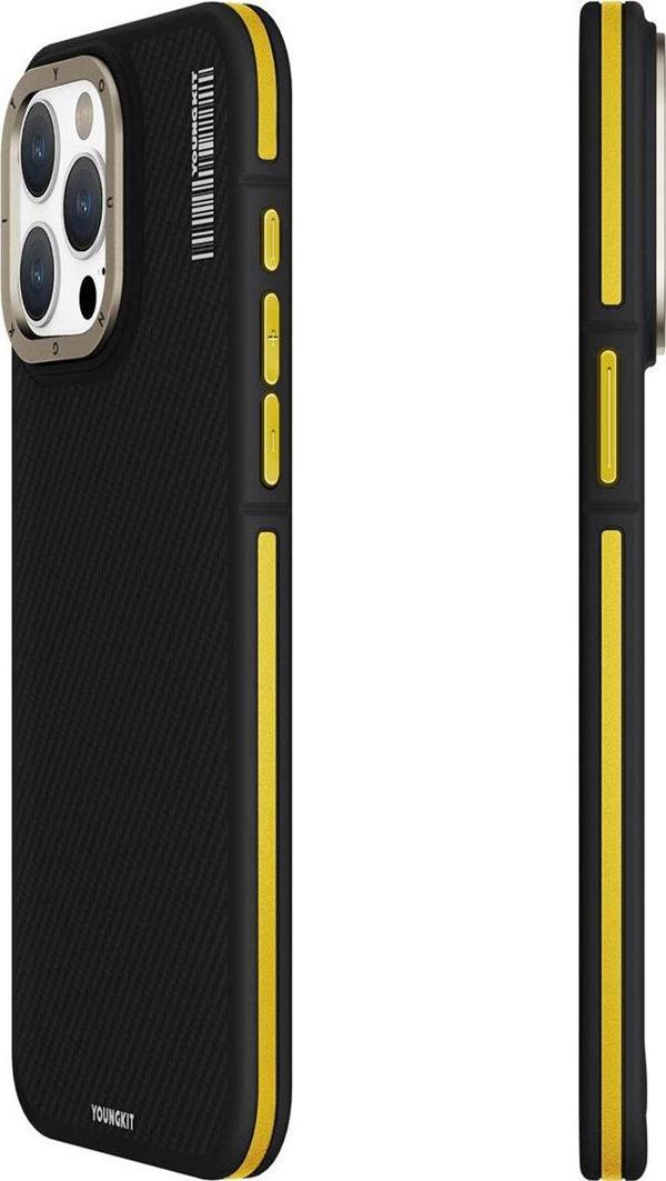 YoungKit iPhone 15 Pro Max Uyumlu Kılıf Magsafe Şarj Özellikli 600D Kevlar Kapak Sarı - Image 1
