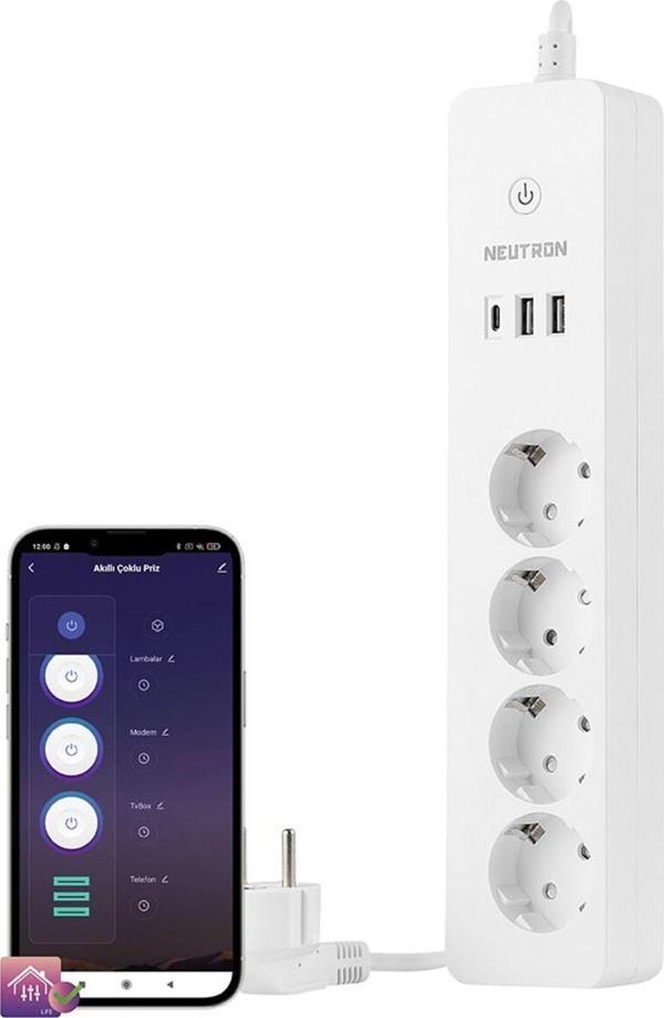 Neutron Akıllı Wi-fi Destekli 16a 4'lü Çocuk Kilitli Akım Korumalı Çoklu Priz - Uygulama Üzerinden Kontrol - Image 1