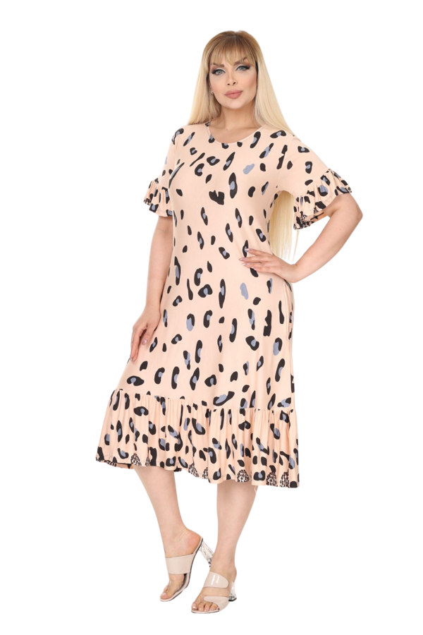 Melsay Butik Büyük Beden Eteği Fırfırlı Bej Leopar Desen Cepli Elbise - Image 1