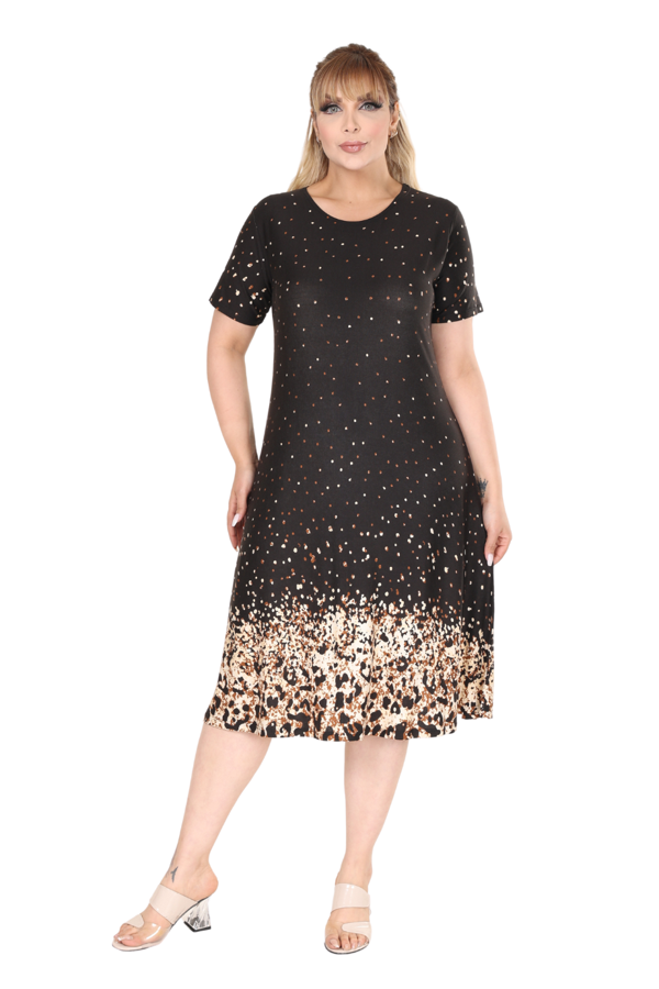 Melsay Butik Siyah Puanlı Leopar Desen A Kesim Midi Elbise - Image 1