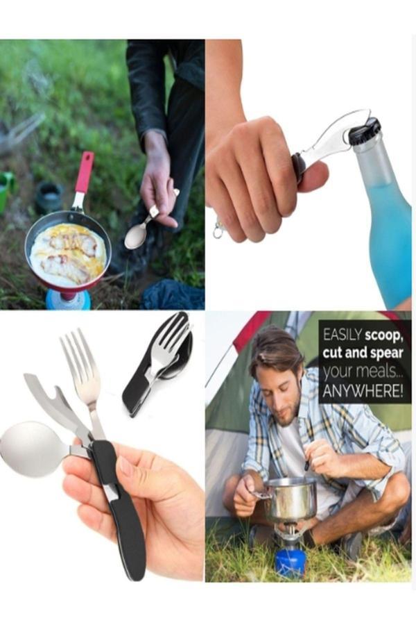 3'ü 1 Arada Kaşık Çatal Bıçak Açacak Takımı Katlanabilir ve Ayrılabilir Kamp Yemek Outdoor Seti - Image 1