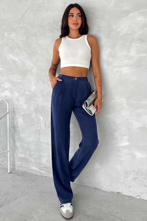 Kadın Eco-Touch Pantolon – Cepli, Lastikli Bel, Günlük Rahat Kesim Lacivert - Image 1