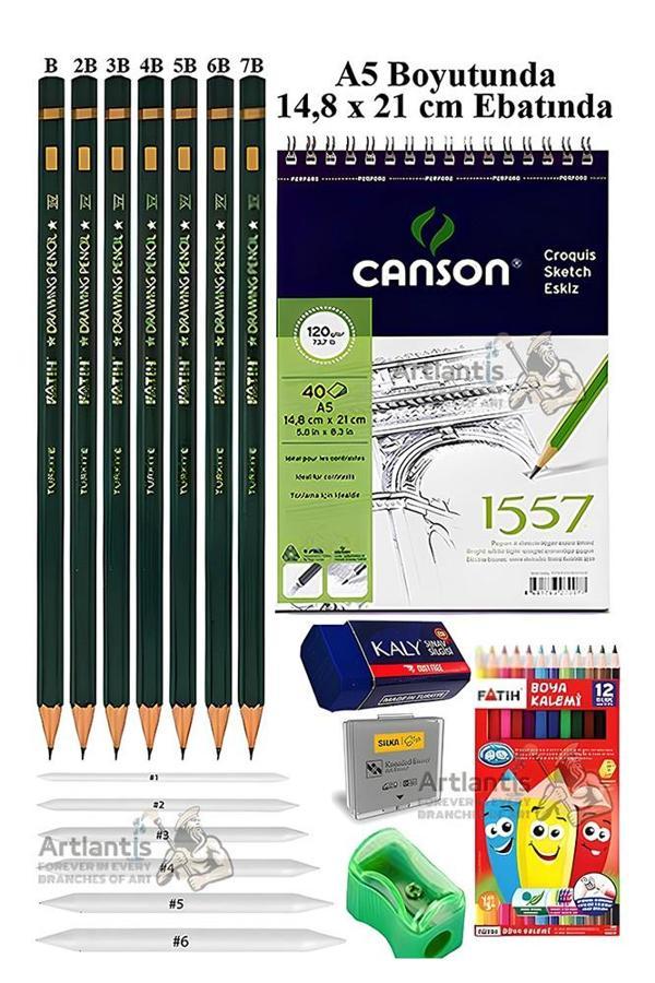 Canson Eskiz Defteri A5 40 Yaprak Fatih Dereceli Kalem 12 Renk Kuru Boya Sketch Karakalem 6 lı Gölgelendirme Hamur Silgi - Image 1