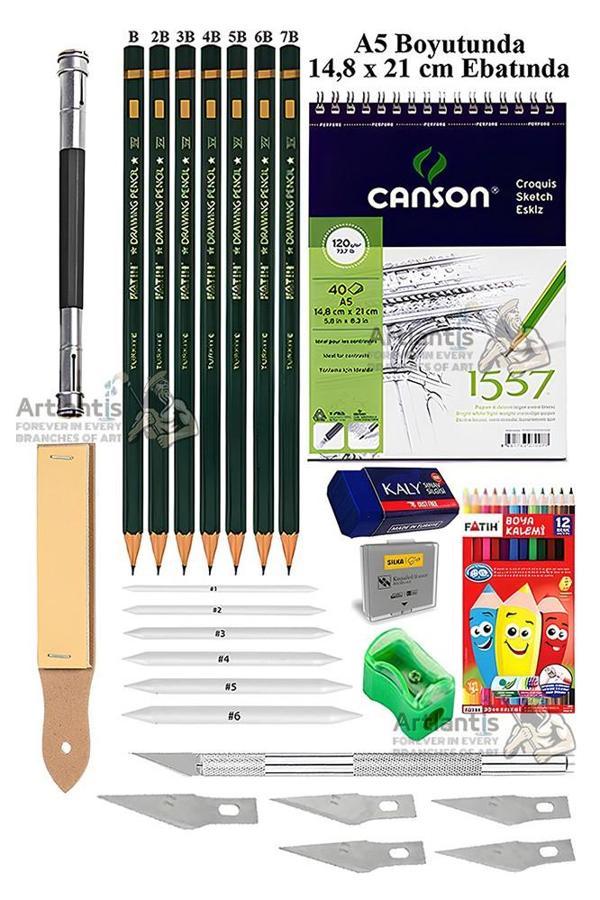 Canson Eskiz Defteri A5 40 Yaprak Fatih Dereceli Kalem Kretuar 12 Renk Kuru Boya Sketch Karakalem 6 lı Gölgelendirme - Image 1