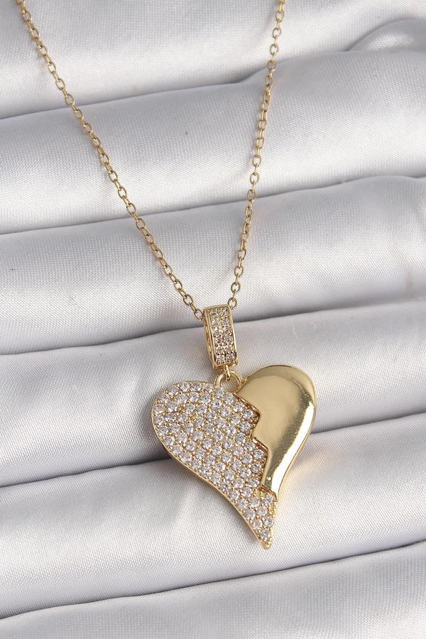Celira Çelik Gold Renk Zincir Zirkon Taşlı Kırık Kalp Model Kadın Kolye - Image 1