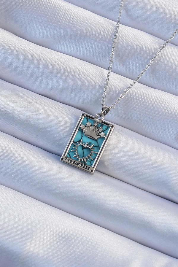 Celira Çelik Zincir Gümüş Renk Zirkon Taşlı Mavi Mermer Desenli Taç Model Tarot Kolye - Image 1
