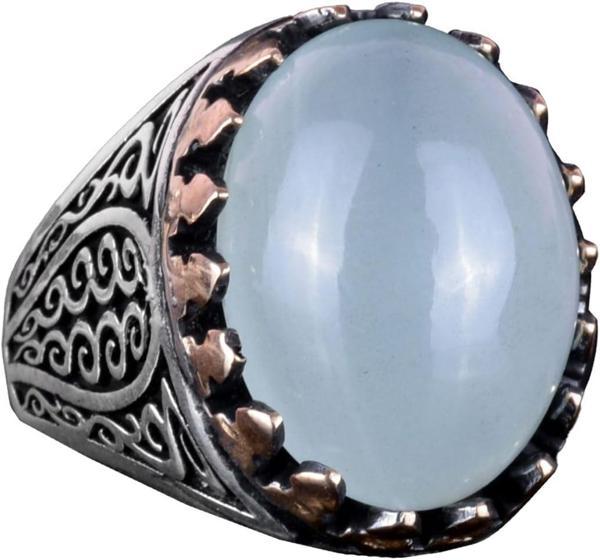 925 Ayar Katı Gümüş Erkek Yüzük - Doğal Taşlarla El Yapımı Şıklık (Cabochon Akuamarin Taşı) - Image 1