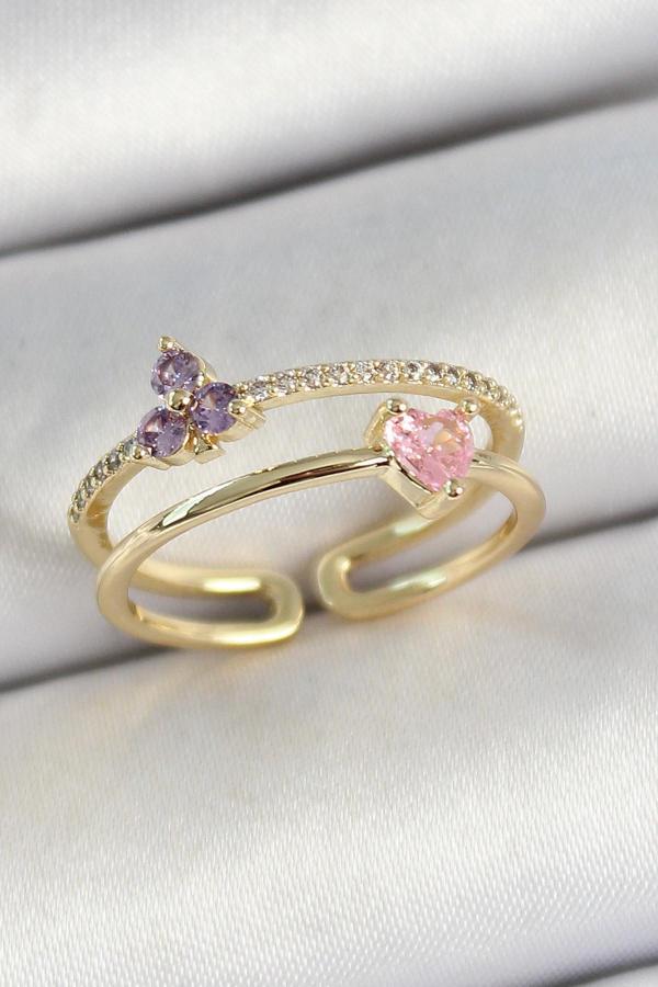 Pirinç Kalp Ve Çiçek Figürlü Zirkon Taşlı Gold Renk Ayarlanabilir Kadın Yüzük - EBJ250530W34373 - Image 1