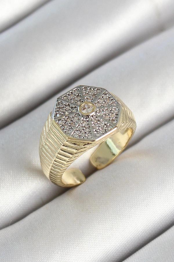 Pirinç Sekizgen Figür Zirkon Taşlı Gold Renk Ayarlanabilir Kadın Yüzük - EBJ250530W34387 - Image 1