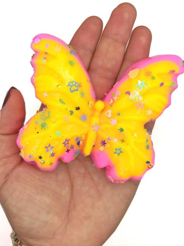 Kelebek Pullu Renkli Moj Moj Taba Squishy Sıkma 10x8 cm Pullu Sukuşi - Pembe/Sarı - Image 1