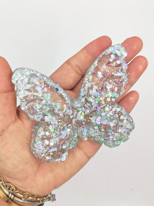 Kelebek Şeffaf Glitter Simli Moj Moj Taba Squishy Sıkma 10x8 cm Simli Sukuşi - Gri - Image 1