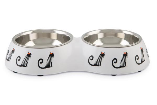 Beeztees Kedi İkili Mama ve Su Kabı, Paslanmaz Çelik, Beyaz, 27x14x4,5cm, 2x160ml - Image 1