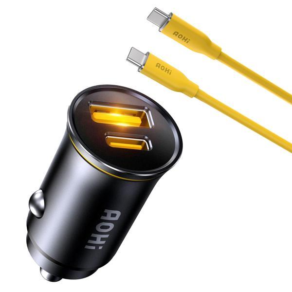 Aohi Araç İçi 2 Portlu 65W Şarj Cihazı, 140W 1m PD 3.1 480Mbps Süper Hızlı Şarj/Data Kablosu Seti - Image 1