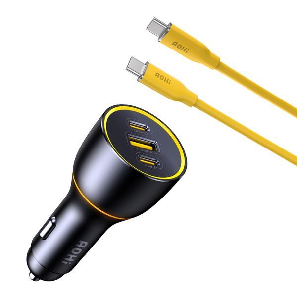 Aohi Araç İçi 3 Portlu 170W Şarj Cihazı, 140W 1m PD 3.1 480Mbps Süper Hızlı Şarj/Data Kablosu Seti - Image 1