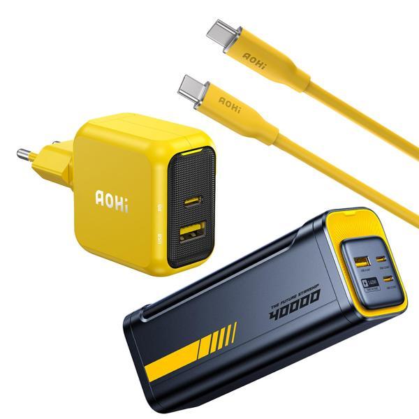Aohi Magcube 67W 2 Portlu Şarj Adaptörü, 40.000 mAh 140W PD3.1 Powerbank, 140W 1m PD 3.1 480Mbps Süp - Image 1
