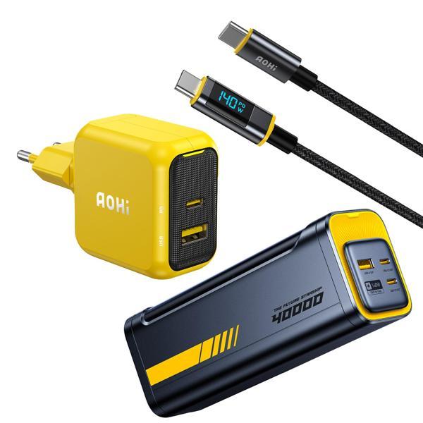 Aohi Magcube 67W 2 Portlu Şarj Adaptörü, 40.000 mAh 140W PD3.1 Powerbank, 140W LED Ekranlı Naylon Ör - Image 1