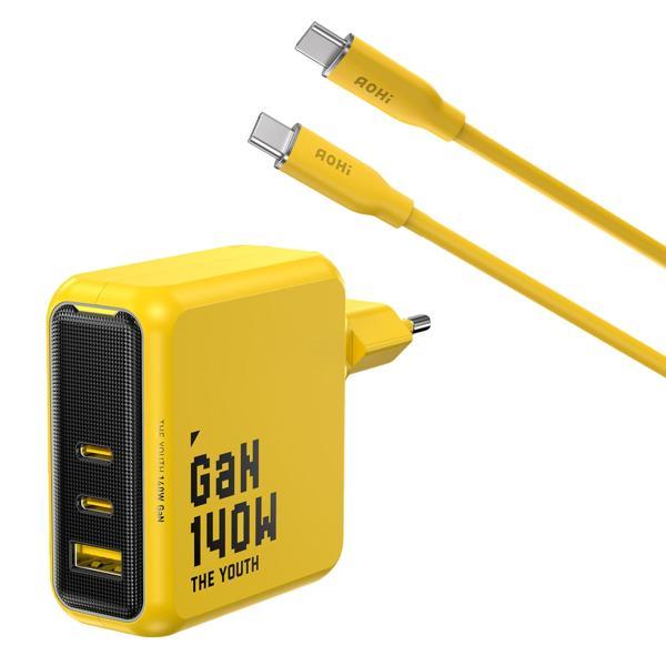 Aohi Youth 140W 3 Portlu Şarj Adaptörü, 140W 1m PD 3.1 480Mbps Süper Hızlı Şarj/Data Kablosu Seti - Image 1