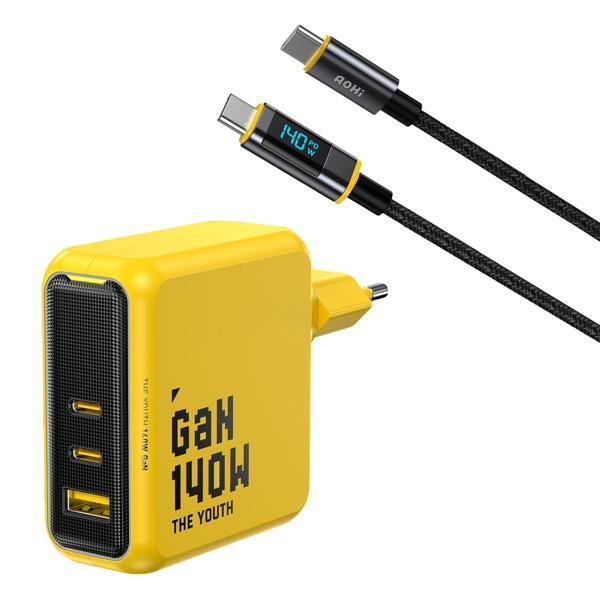 Aohi Youth 140W 3 Portlu Şarj Adaptörü, 140W LED Ekranlı Naylon Örgülü Süper Hızlı Şarj/Data Kablosu - Image 1