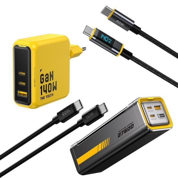 Aohi Youth 140W 3 Portlu Şarj Adaptörü, 27.600 mAh 240W PD3.1 Powerbank, 140W LED Ekranlı Naylon Örg - Image 1