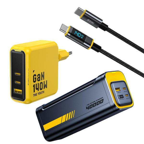 Aohi Youth 140W 3 Portlu Şarj Adaptörü, 40.000 mAh 140W PD3.1 Powerbank, 140W LED Ekranlı Naylon Örg - Image 1