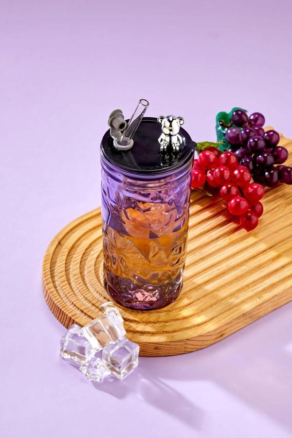 NY HOME Ayıcık Figürlü Cam Pipetli Meşrubat Bardağı Mor 420 ML - Image 1