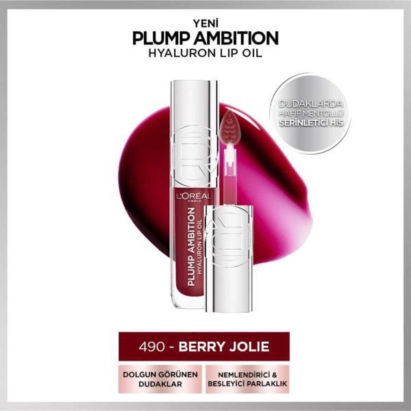 L'Oréal Paris Plump Ambition Hyaluron Lip Oil Besleyici ve Nemlendirici Dudak Parlatıcısı - 490 Berry Jolie - Image 1