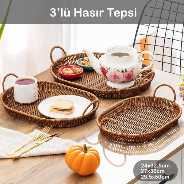 Porsima 708c Oval 3'lü Hasır Tepsi Dekoratif Sunum Servis Tepsisi - Image 1