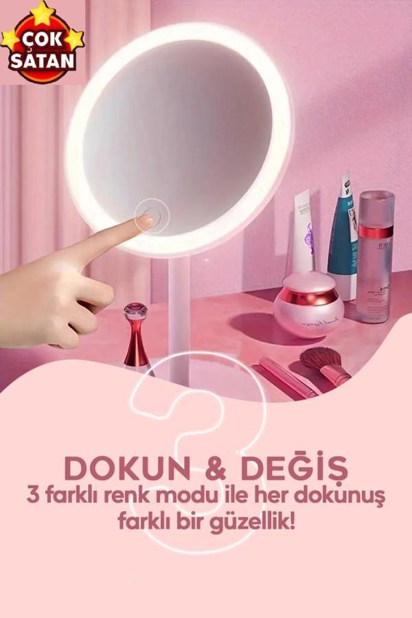 Kapris Işıklı Dokunmatik Makyaj Aynası Pembe & Beyaz 3 Kademeli Işık Ayarı 360° 10669 - Image 1
