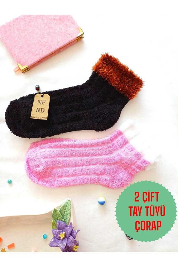 Enefendi 2 Çift Tay Tüyü Ters Havlu Patik Çorabı Kabartmalı Kokulu Yılbaşı Hediye Pembe Siyah Çorap 36-40 - Image 1