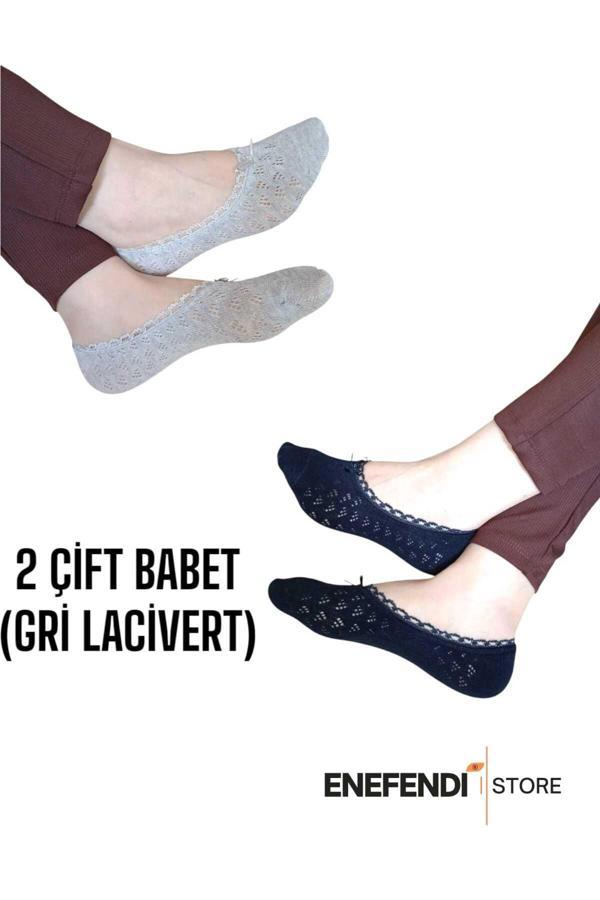 Enefendi Babet Çorap 2 Çift Kadın Merserize Dantelli File Pamuklu Görünmez Çorabı Lacivert Gri - Image 1