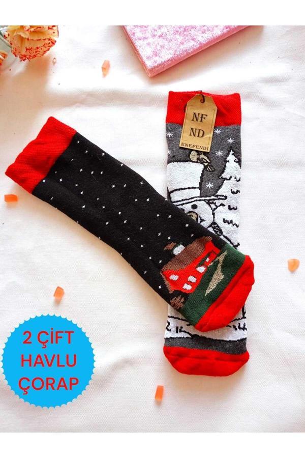 Enefendi 2 Çift Termal Soket  Yılbaşı Havlu Yumuşak Hediye Kışlık Kadın Çorabı Siyah Gri Çorap 36-40 - Image 1