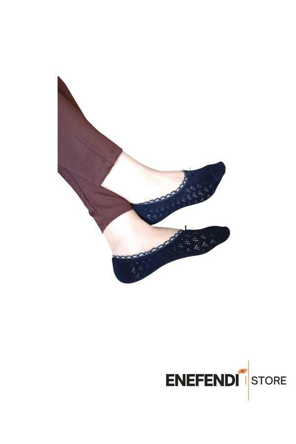 Enefendi Babet Çorap Kadın Merserize Dantelli File Pamuklu Görünmez Çorabı Lacivert - Image 1