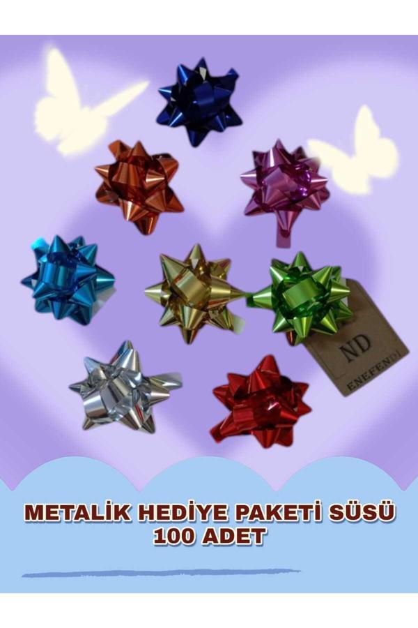 Enefendi Metalik Hediye Paketi Süsü, Fiyonk,Parlak, Renkli,Yapışkanlı,Yıldız,Rafya Süs 6Cm 100 Adet - Image 1