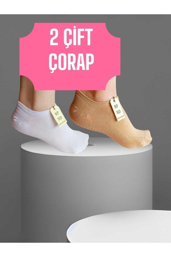 Enefendi 2 Çift Babet Çorap Görünmez Çorap Spor Yoga Pilates Sneakers Kaymaz Silikon Taban 36-40 Beyaz Krem - Image 1