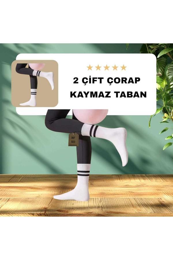 Enefendi 2 Çift Yoga Pilates Çorabı Kadın Kaymaz Silikon Taban Pamuklu Soket Tenis Çorap Altı Havlulu Beyaz. - Image 1