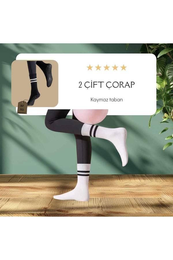 Enefendi 2 Çift Yoga Pilates Çorabı Kadın Kaymaz Silikon Taban Pamuklu Soket Tenis Çorap Havlulu Siyah Beyaz. - Image 1