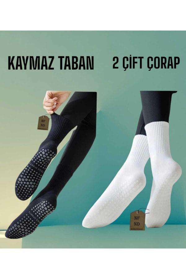 Enefendi 2 Çift Yoga Pilates Çorabı Kadın Silikon Kaymaz Taban Pamuk Soket Tenis Çorap Altı Havlu Siyah Beyaz - Image 1