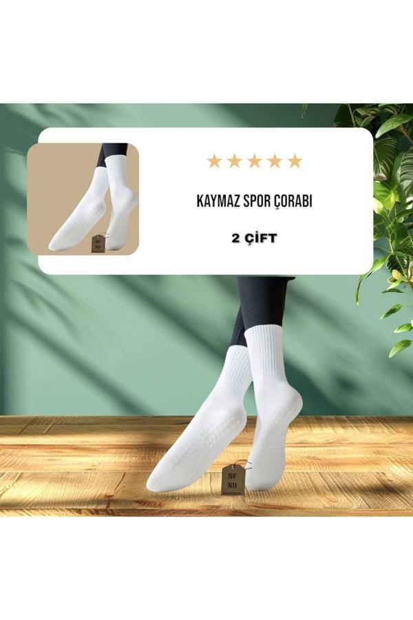 Enefendi 2 Çift Yoga Pilates Çorabı Kadın Silikon Kaymaz Taban Pamuklu Soket Tenis Çorap Altı Havlulu Beyaz - Image 1