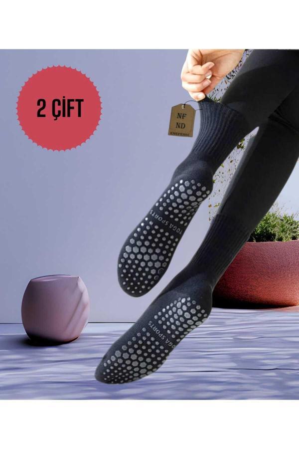 Enefendi 2 Çift Yoga Pilates Çorabı Kadın Silikon Kaymaz Taban Pamuklu Soket Tenis Çorap Altı Havlulu Siyah - Image 1
