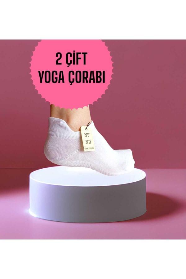 Enefendi 2 Çift Yoga Pilates Tavaf Çorabı Dikişsiz Kadın Kaymaz Silikon Taban Pamuklu Çorap Patik Bilek Beyaz - Image 1